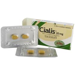 Boks med Cialis 20 mg (Tadalafil) med 4 synlige tabletter i blisterpakninger