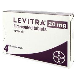 Levitra 20 mg (Vardenafil) eske som inneholder 4 filmdrasjerte tabletter