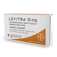 Eske med 4 stk Levitra 10 mg smeltetabletter fra Bayer