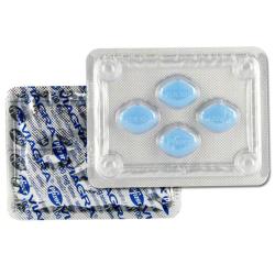 4 Viagra 100 mg tabletter i blisterpakning, foran og bak