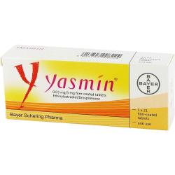 Forsiden av en Yasmin (Bayer) eske som inneholder 3 x 21 p-piller