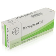 Forsiden av en Microgynon eske (Bayer), inneholder 3 brett med 21 p-piller