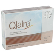 Forsiden av en Qlaira (Bayer), inneholder 3 brett med 28 p-piller