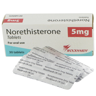 Pakke med Noretisteron 5 mg og tabletter i blisterpakning