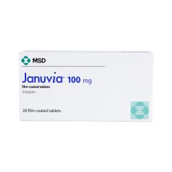 Januvia 100mg medisinboks (MSD), inneholder 28 filmdrasjerte tabletter