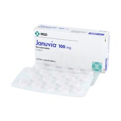 Januvia 100mg medisinboks (MSD) med tabletter i blisterpakning