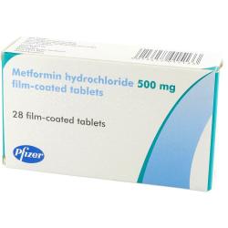 Forsiden av en Metformin (Pfizer) 500mg eske som inneholder 28 filmdrasjerte tabletter