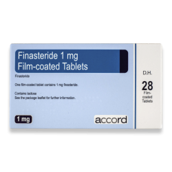 Forsiden av eske med 28 Finasterid 1 mg filmdrasjerte tabletter