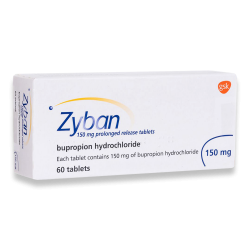 Zyban medisineske, inneholder 60 tabletter med 150 mg bupropion