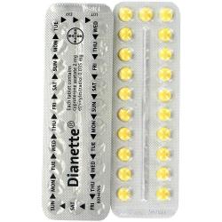2 blisterpakninger med Dianette® 21 p-piller, foran og bak