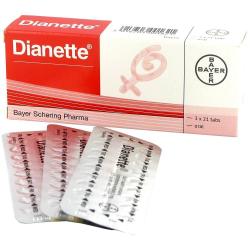Dianette boks med 3 p-pille prett synlig foran
