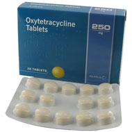 Oxytetrasyklin 250 mg boks med 14 tabletter i blisterpakning