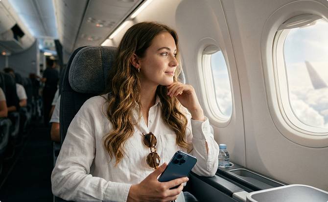 Ung kvinde sidder på en flyvemaskine sidder og kigger ud af vinduet