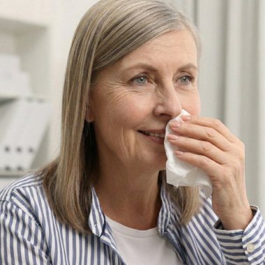 A woman blowing her nose into a tissue