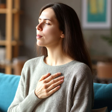 A close-up of a woman using an inhaler, experiencing asthma symptoms.