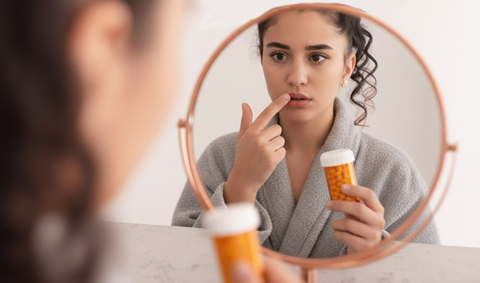 A woman’s face, close-up with a cold sore, holding up a pack of unnamed tablets.
