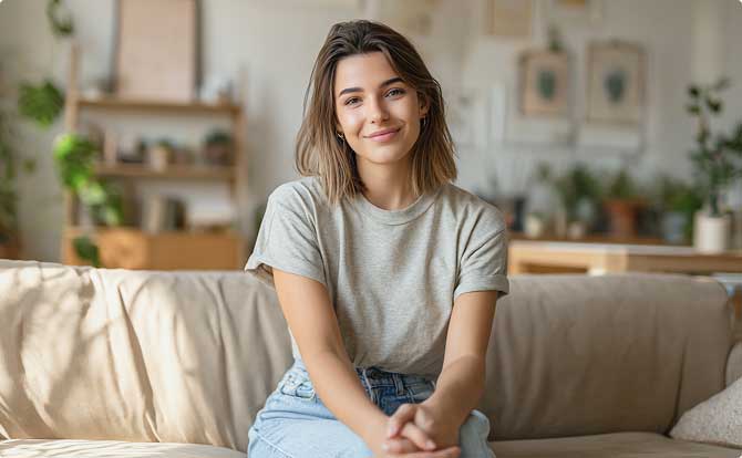 A woman taking a white capsule with a glass of water