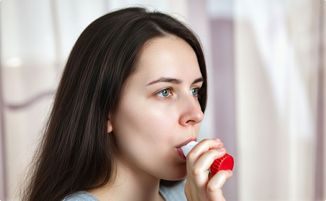 A close-up of a young woman using a dry powder inhaler.