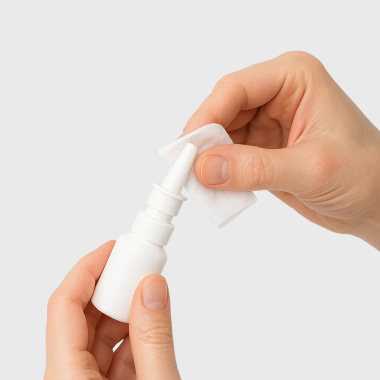 Gros plan d’une femme tenant un flacon de spray nasal.