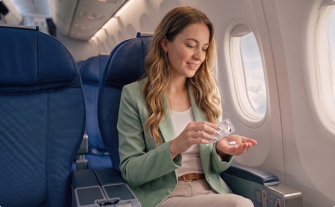 Jeune femme dans un avion s’apprêtant à prendre son médicament