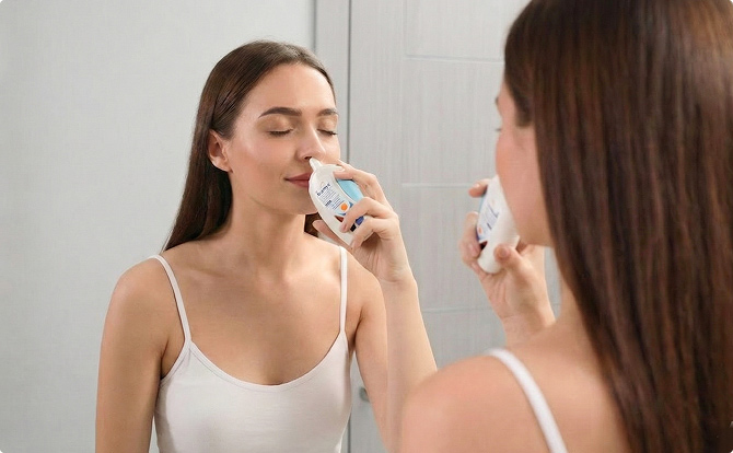 Jeune femme utilisant un inhalateur en extérieur