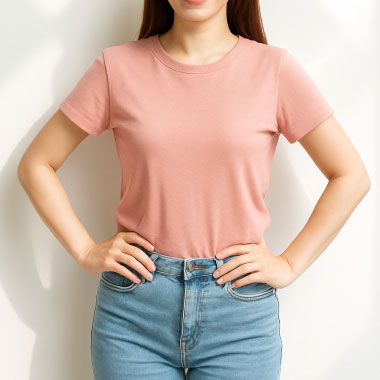 En kvinna i rosa t-shirt med händerna på höfterna, visad från halsen till överkroppen